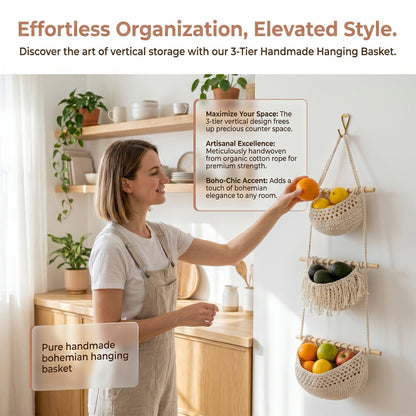 Boho Chic 3-Tier Wall Hanging Storage Basket - Handwoven Rope Organizer for Fruits, Vegetables & More - Easy Install, Versatile Home Decor, Storage Basket