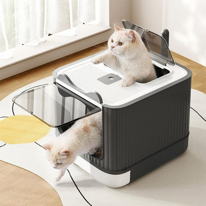 Enclosed Cat Litter Box with UV Sterilisation & Deodoriser | Large Hooded Cat Toilet with Drawer Tray & Scoop | Anti-Splash Odour Control Litter Tray | 44.5x36.5x34.5cm | Grey