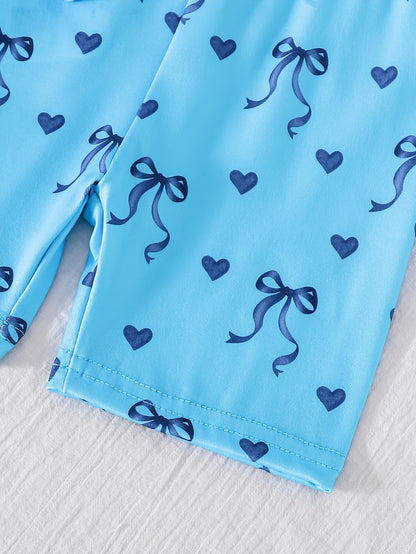 2pcs Set of Casual Loose-fitting Round-neck Short-sleeve T-shirt and Shorts for Girls Aged 1-6, Featuring Cute Heart and Bowknot Prints, Suitable for Daily Wear, Outings, Home, and School in Spring and Summer, Perfect for Outdoor