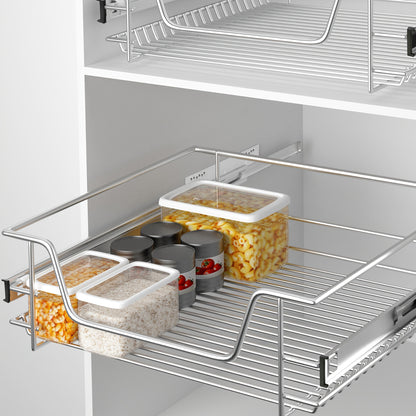 Slide-Out Wire Storage Baskets - Set of 2 or 4, Chrome Organiser Drawers for Kitchen Cabinets, Pantry & Bathroom (Fits Base Units)