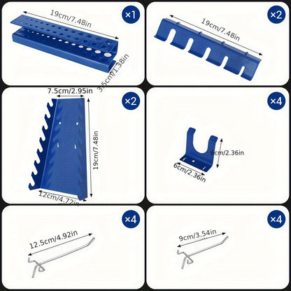 Metal Tool Rack, Three-piece Hole Rack, Expandable Workshop Rack, with 17 Hooks and Brackets, Workshop Tool Rack, 117 x 55 x 2cm, Blue