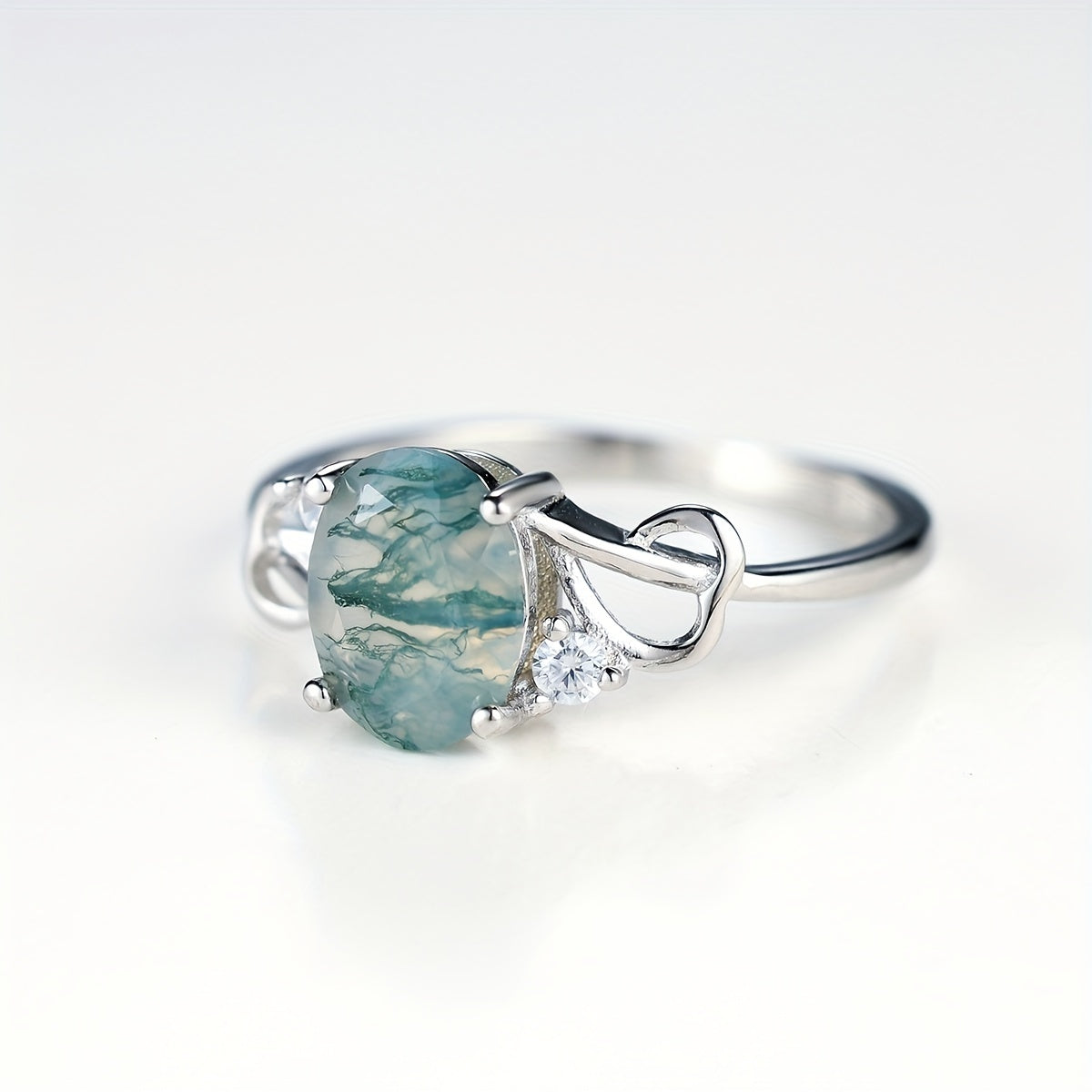 Pure Silver Elegant Niche S925 Natural Moss Agate Round Infinity Engagement Wedding 1.9G Ring (Ring Box Is a Photography Prop) Note: Moss Agate Is a Natural Stone, Each Pattern Is Slightly Different