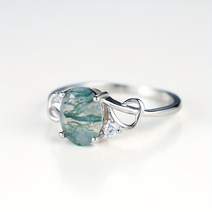 Pure Silver Elegant Niche S925 Natural Moss Agate Round Infinity Engagement Wedding 1.9G Ring (Ring Box Is a Photography Prop) Note: Moss Agate Is a Natural Stone, Each Pattern Is Slightly Different