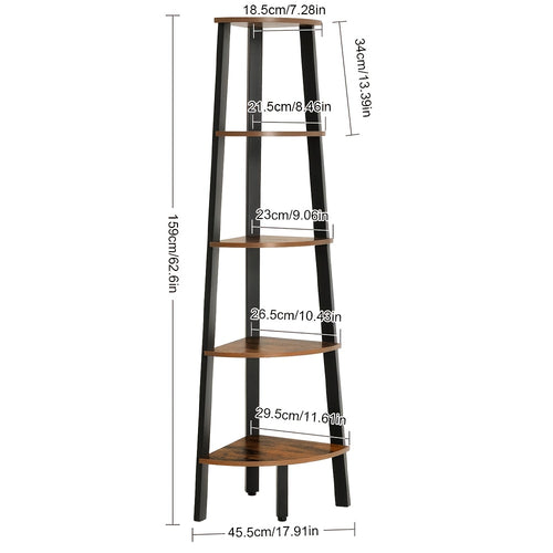Corner Bookcase, Flower Rack, Shelving Unit, Book Shelf, 5 Tier Shelf Ladder Shelf Storage Unit Plant Holder for Living Room Industrial Style with Steel Frame, Home Decor Living Room, Brown And Black