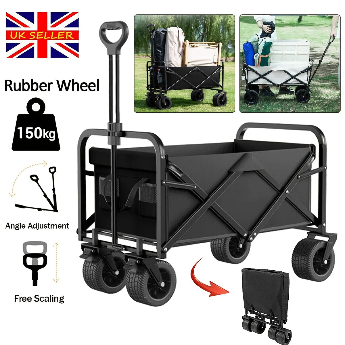 1pc Extra-Large Folding Wagon Cart with 149.69 KG Capacity, Designed for Heavy-Duty Use. It Is Portable And Foldable, Suitable for Outdoor Activities Like Beach Trips And Gardening