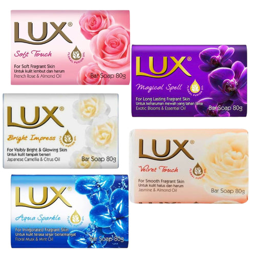 Lux Soap Bars Beauty Soap Collection - 5 Soap Bars (Soft Touch, Magical Spell, Bright Impress, Aqua Sparkle & Velvet Touch) 80g each