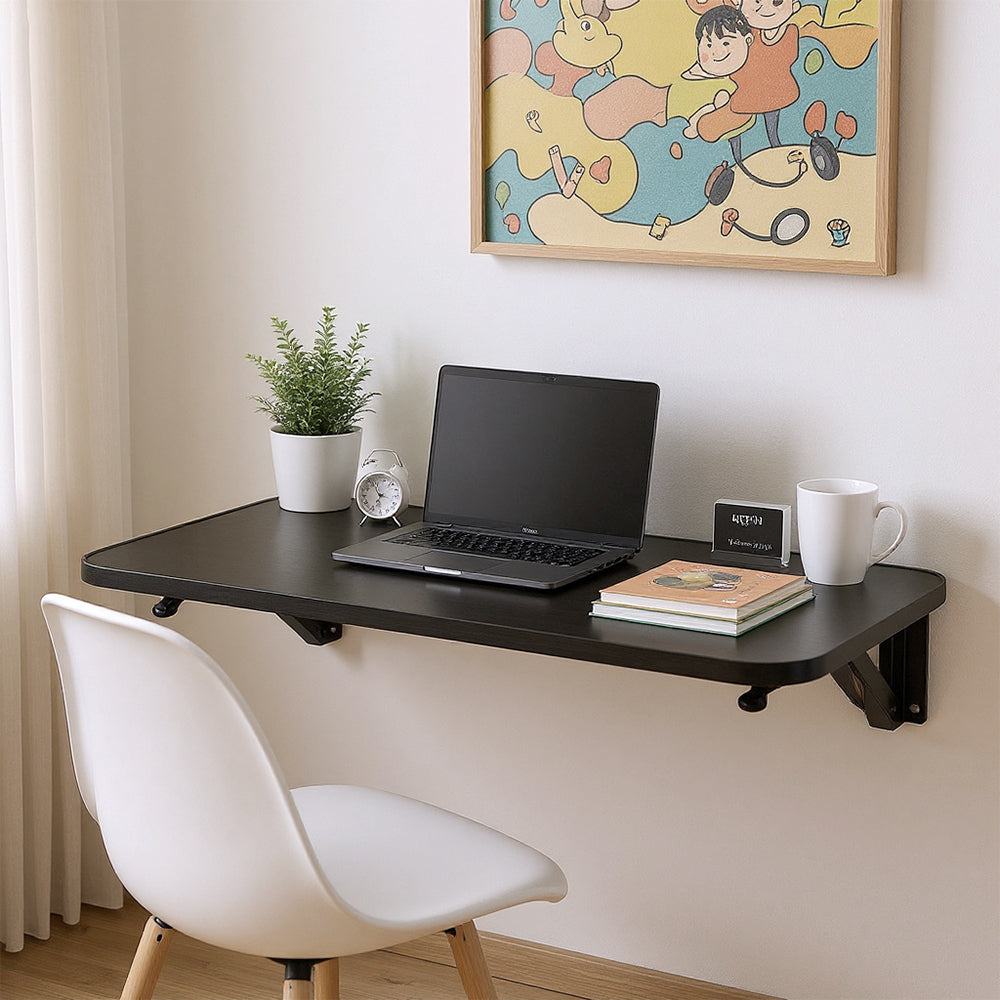 Folding Wall-Mounted Laptop Desk, Space-Saving Study and Reading Table, Metal Iron Frame Design, Durable and Sturdy Wall Desk for Home or Office, Black/White, 52x24cm / 65x24cm / 75x24cm
