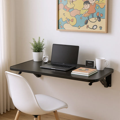 Folding Wall-Mounted Laptop Desk, Space-Saving Study and Reading Table, Metal Iron Frame Design, Durable and Sturdy Wall Desk for Home or Office, Black/White, 52x24cm / 65x24cm / 75x24cm
