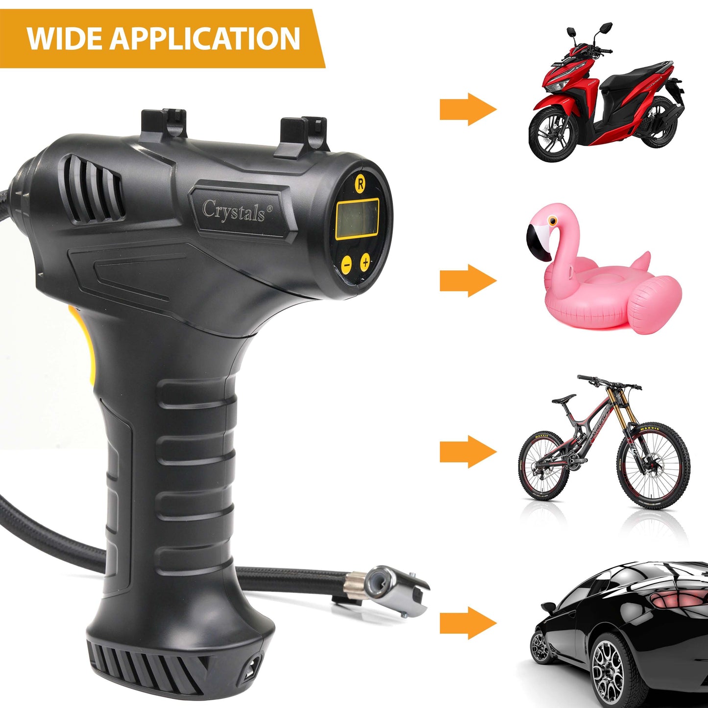 Cordless Digital Tyre Inflator USB Rechargeable 150PSI Auto Shut-Off with LCD Display & LED Light – Portable Air Compressor with 3 Nozzle Adaptors for Car, Motorcycle, Bicycle & Inflatables