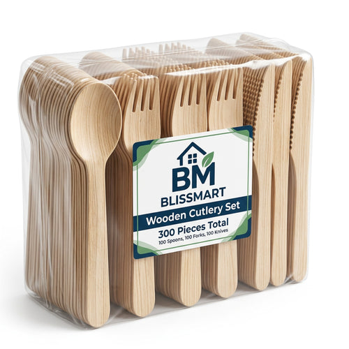 Blissmart Wooden Disposable Cutlery Set of 300 – 100 Forks, 100 Spoons & 100 Knives Dessert Disposable Wooden Utensils for BBQ Party Camping Banquet Wedding Picnic