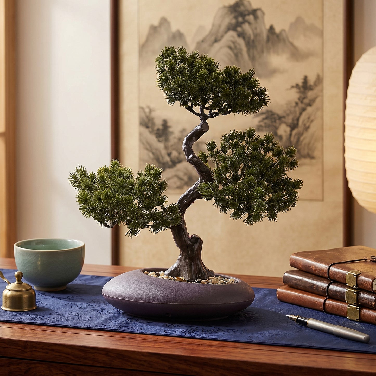 1pc Artificial Pine Bonsai Ornament, Simulation Welcome Pine Fake Plant in Matte Dark Brown Pot, Retro Curved Trunk Faux Greenery, Tabletop Desktop Decor for Shop Front Desk & Home Decor