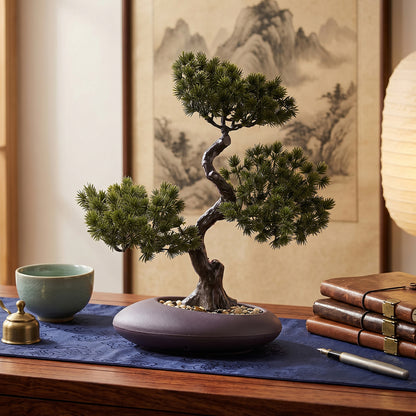 1pc Artificial Pine Bonsai Ornament, Simulation Welcome Pine Fake Plant in Matte Dark Brown Pot, Retro Curved Trunk Faux Greenery, Tabletop Desktop Decor for Shop Front Desk & Home Decor