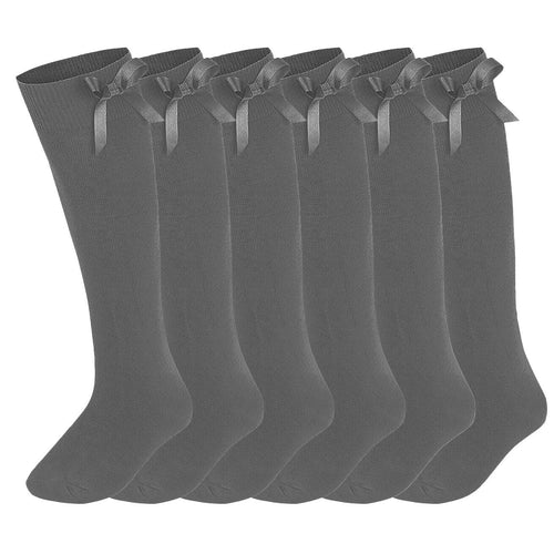 6 pairs Girls Knee High School Socks Cotton Rich Socks with Ribbons Silky Bow, Back to School Uniform Socks, Party Wear, Long Socks for School with Bow, Knee High Girls School Plain Socks UK LOCAL BASED DELIVERY