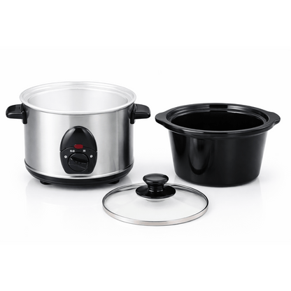 1.5Ltr Oval Slow Cooker 120W Removable Pot, 3 Heat Settings, Tempered Glass Lid, Compact Family Size Cooker - 3 Heat Settings - Removable - Power & Temp Indicator Light - Toughened Glass Lid - Cool Touch