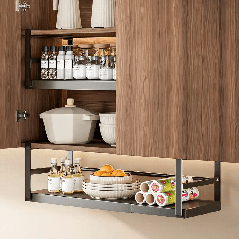 1pc of Adjustable Metal Shelf Organizer for Cabinets, an Expandable Storage Rack for Spices And Seasonings, Designed to Hang Under Cabinets with a Layered Partition, in Black