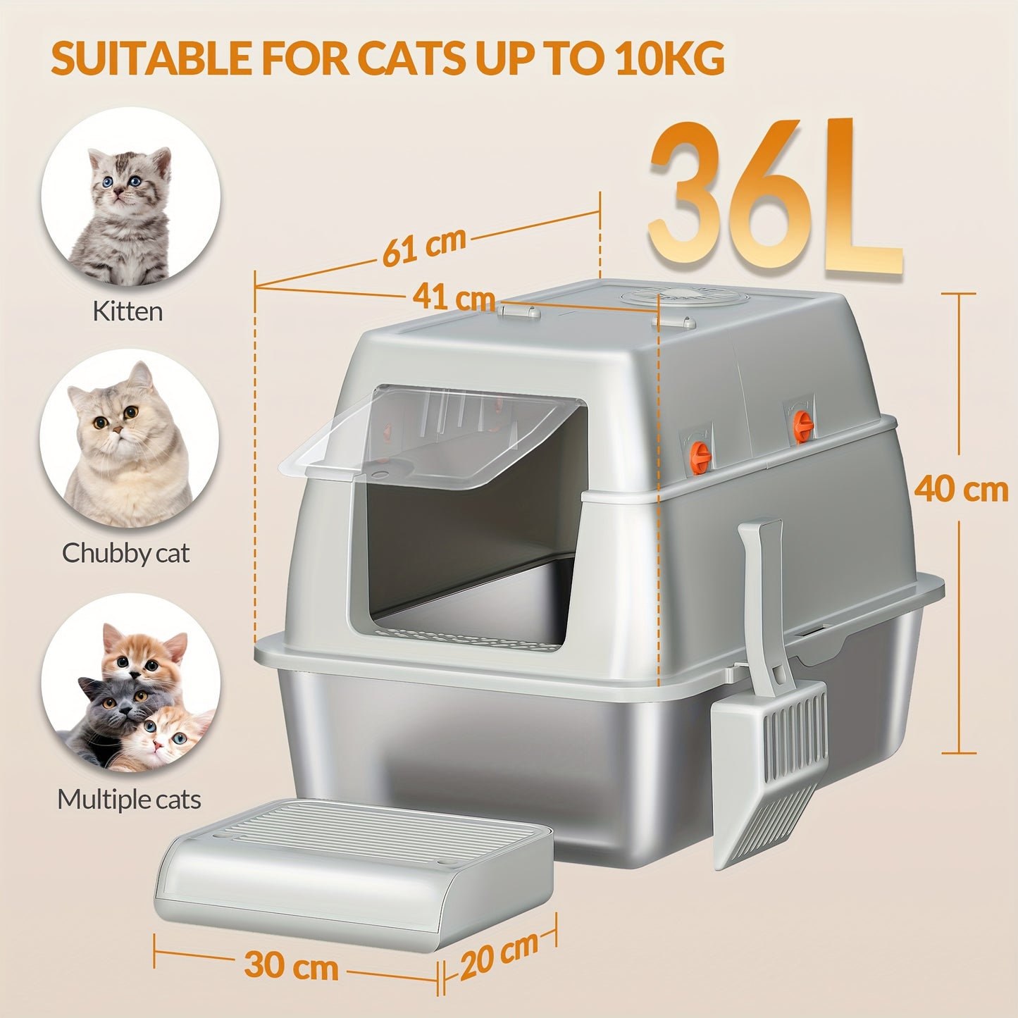 Stainless Steel Litter Tray with Lid, Enclosed Litter Box, Hinged Lid for Easy Cleaning, Includes Pedal And Scoop, Modular Design, 61L X 41W X 40H Cm, Light Grey