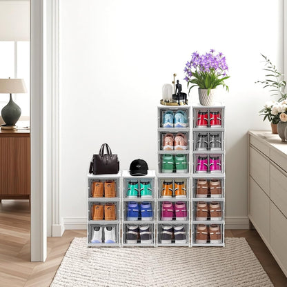 Shoe Boxes, Stackable Shoe Storage Organizer, Integrated Shoe Cabinet, Foldable and Portable, Fits up to UK Size 12, 60s Assembly, Transparent