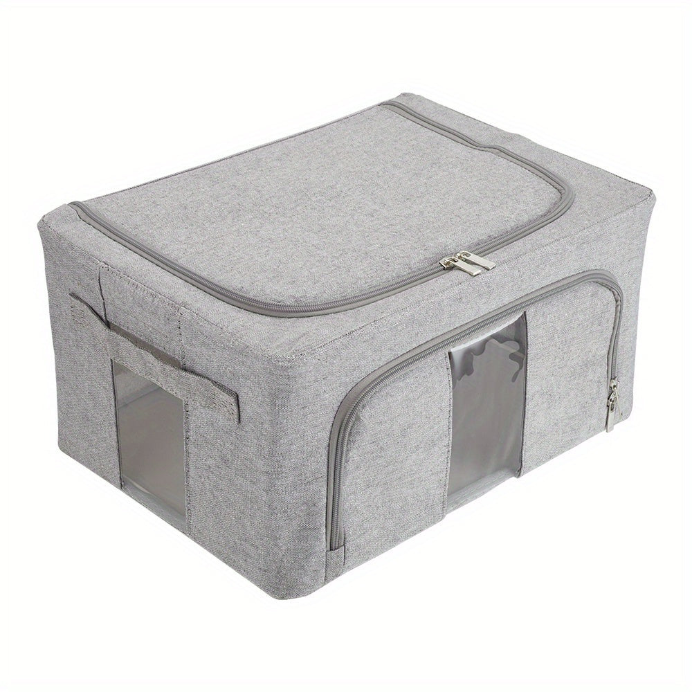 66L Foldable Storage Box with Clear Windows - Extra Thick Cotton Linen Fabric Organizer Bins | Space-Saving Stackable Design for Clothes, Blankets & Bedding Storage (Zipper Closure, Wardrobe Essential)