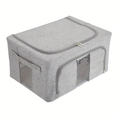 66L Foldable Storage Box with Clear Windows - Extra Thick Cotton Linen Fabric Organizer Bins | Space-Saving Stackable Design for Clothes, Blankets & Bedding Storage (Zipper Closure, Wardrobe Essential)