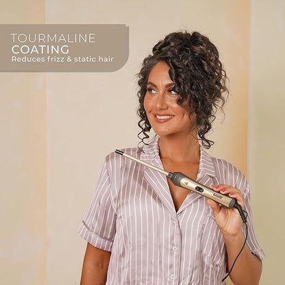 Bauer Professional TourmaPro Slimline Curling Wand/Ultra Slim 9mm Barrel / 200° Heat, 360° Swivel Cord and Cool Touch Tip/Grey & Gold