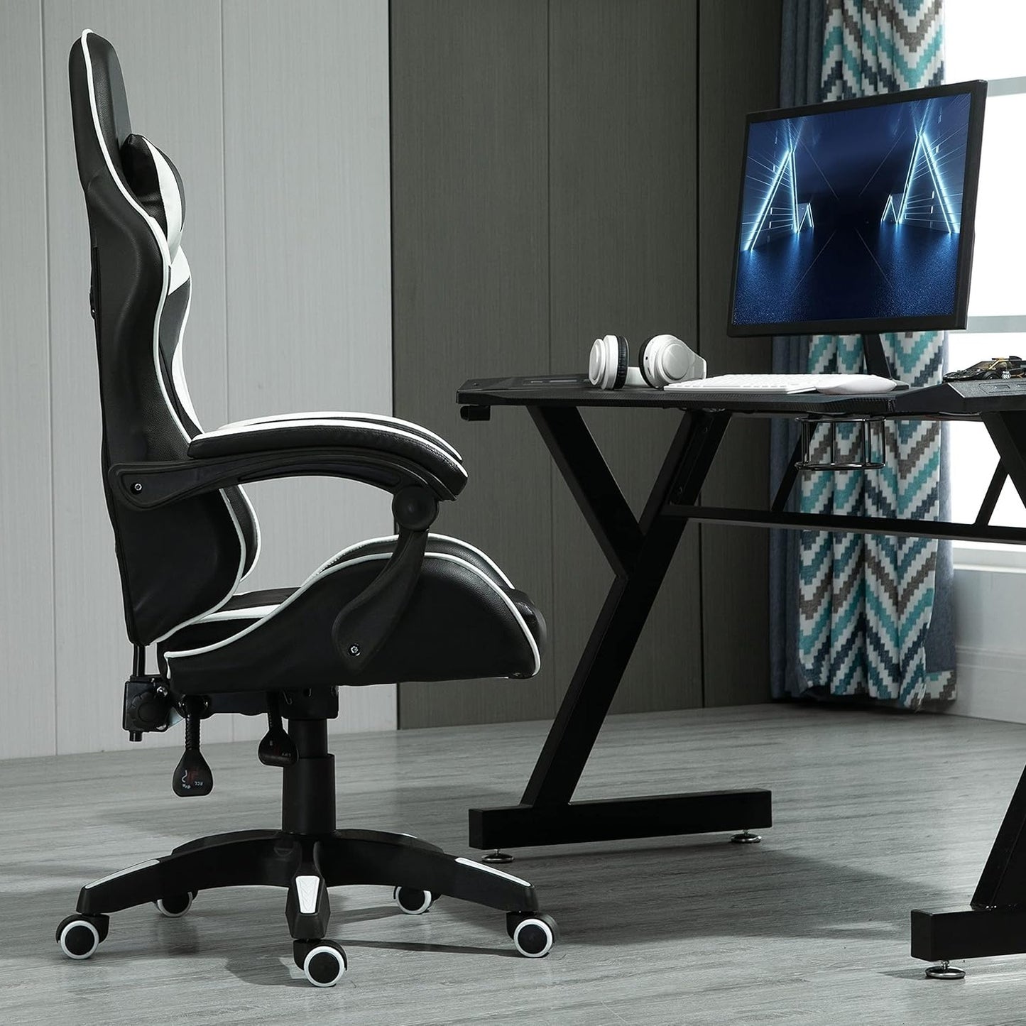 mcc direct Swivel Faux Leather Office Chair Racing Sports Gaming Tilt Computer Desk Chair with Headrest & Lumbar Cushion A
