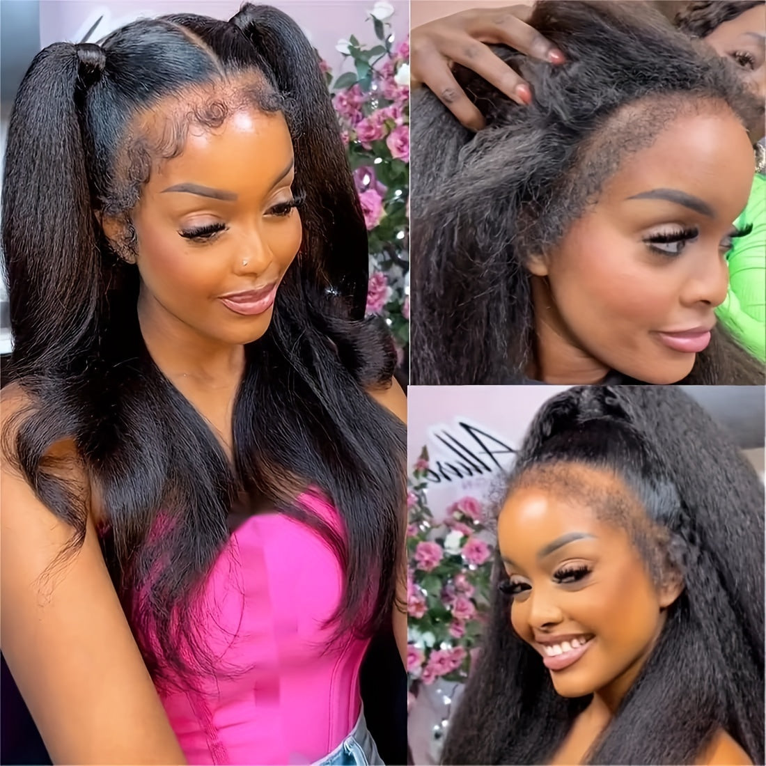 4C Kinky Edges 13X4 Transparent Lace Front Yaki Straight Wig Human Hair Realistic Natural Hairline with Curly Baby Hair Pre Cut Lace Wigs for Women
