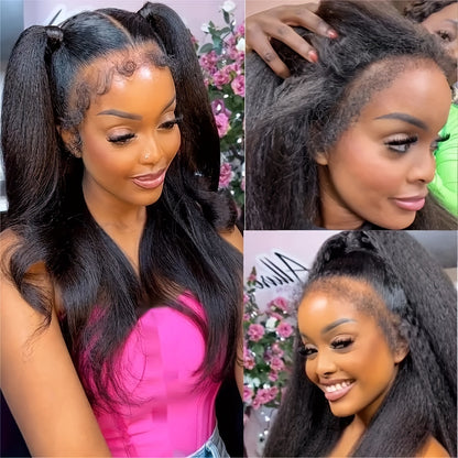 4C Kinky Edges 13X4 Transparent Lace Front Yaki Straight Wig Human Hair Realistic Natural Hairline with Curly Baby Hair Pre Cut Lace Wigs for Women