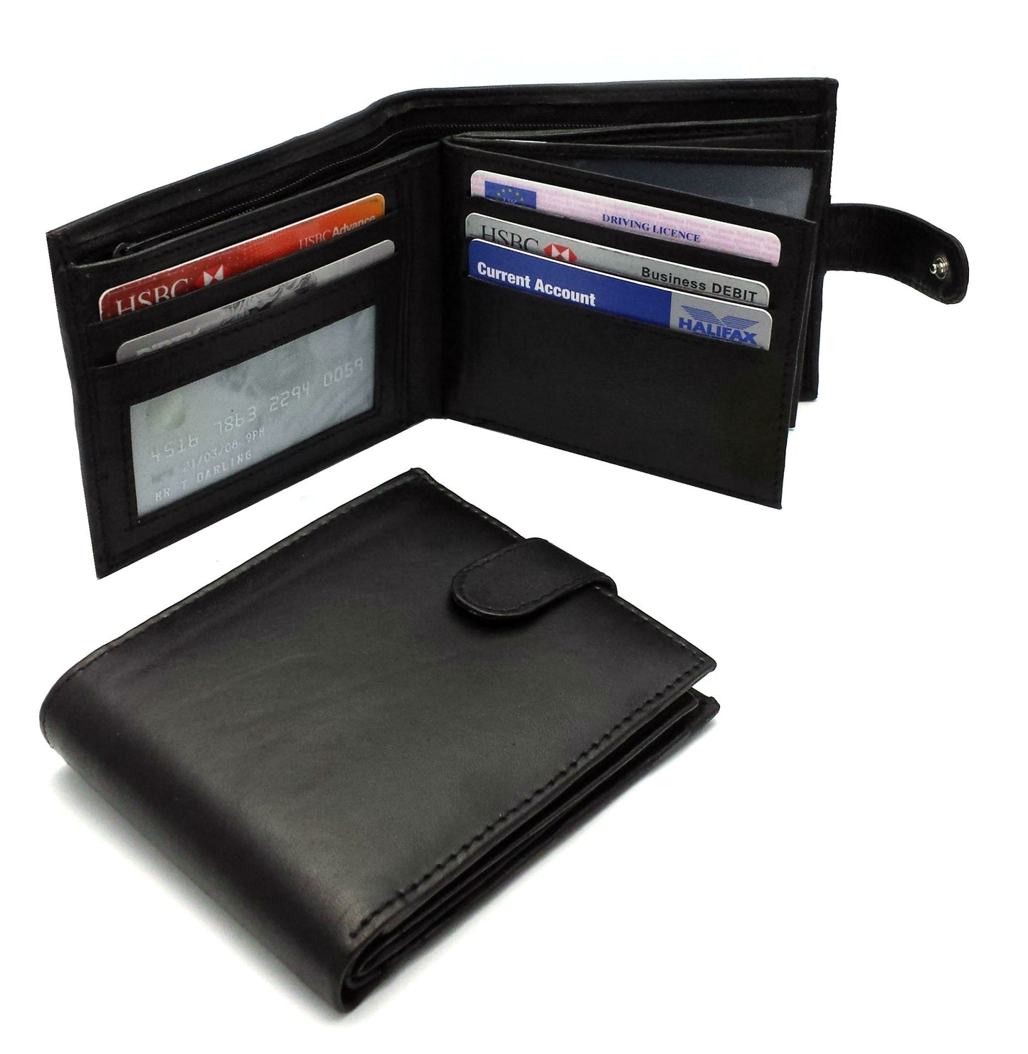 Mens Genuine Leather Wallet Black RFID Blocking Soft Tri Fold Card Slots Id Window and Coin Pocket