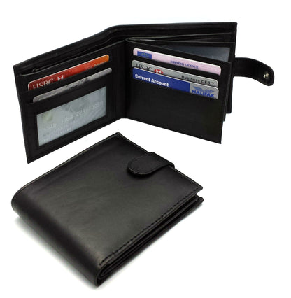 Mens Genuine Leather Wallet Black RFID Blocking Soft Tri Fold Card Slots Id Window and Coin Pocket