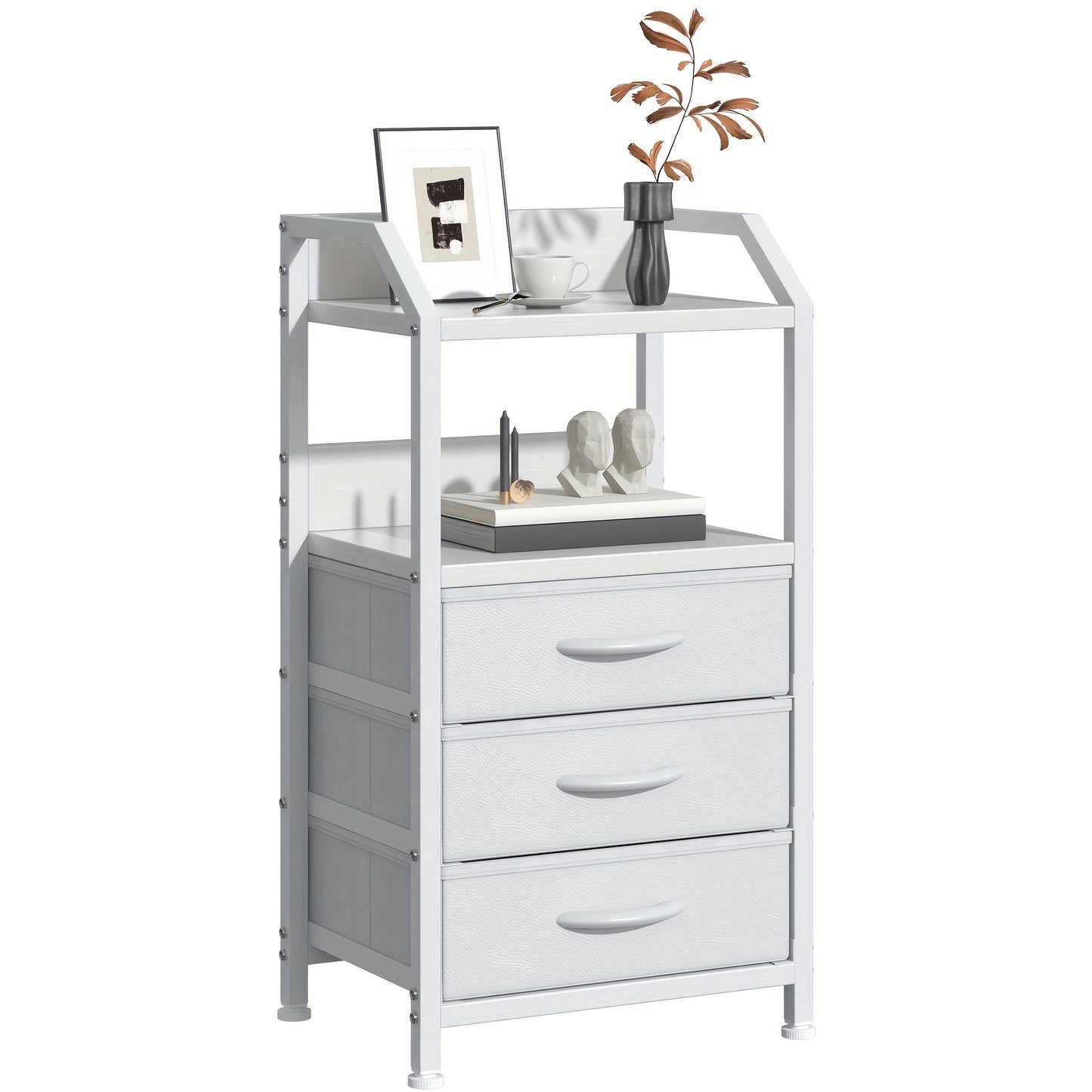Modern End Table with 3 Fabric Drawers & 2 Open Shelves - Metal Frame Bedside Table, Light Beige Finish, 68.58cm Height, 3, 2 Cu Ft Storage, Easy Assembly for Bedroom & Living Room, Bedroom Nightstand, Contemporary Design, Sturdy Construction, Minimalist