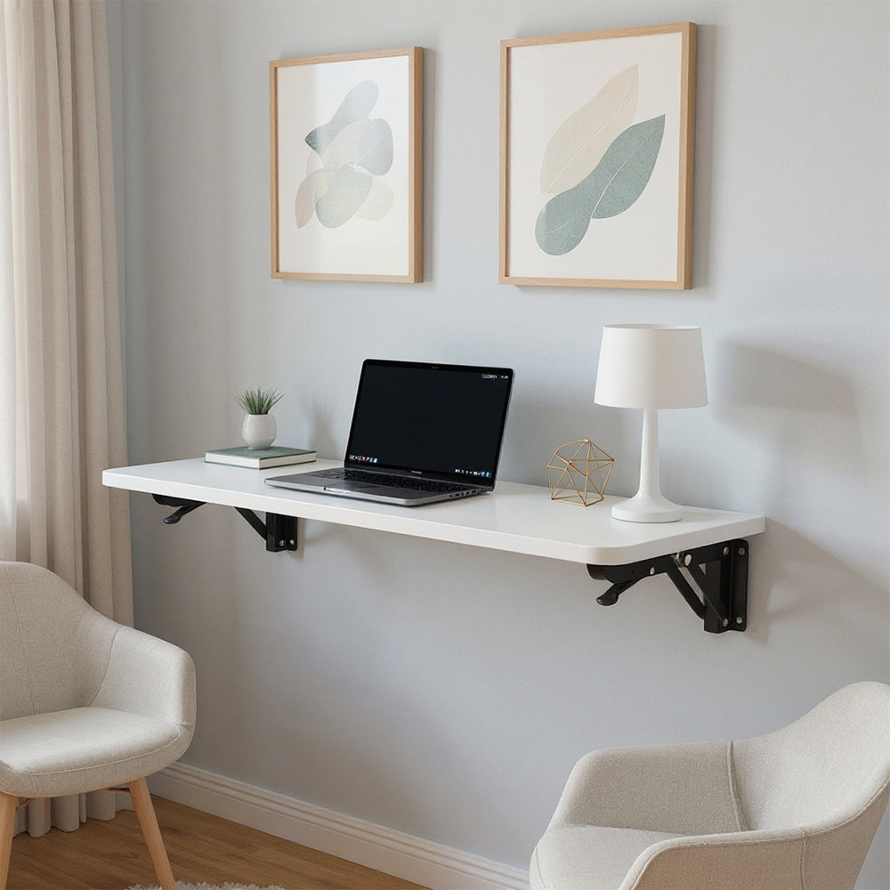 Folding Wall-Mounted Laptop Desk, Space-Saving Study and Reading Table, Metal Iron Frame Design, Durable and Sturdy Wall Desk for Home or Office, Black/White, 52x24cm / 65x24cm / 75x24cm