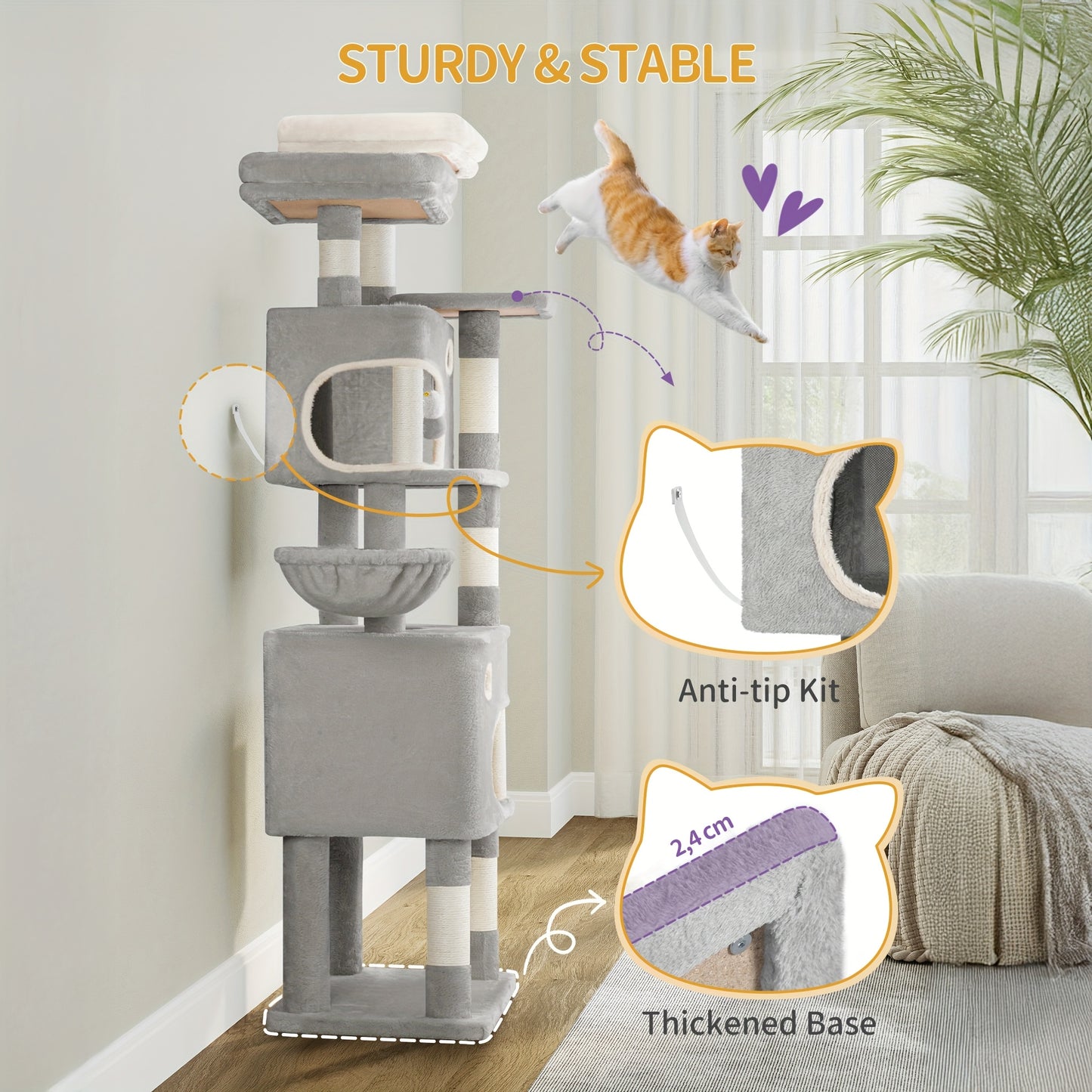 [Multi-Level Cat Tree] HZUANERI 180cm Multi-Level Cat Tree | 8 Scratching Posts, 3 Platforms, 2 Dens, Basket & Plush Balls - Durable Sisal Rope for Indoor Cats of All Sizes, Space-Saving Design for Climbing, Resting & Play, Cat Climbing Tower, Pet Activit