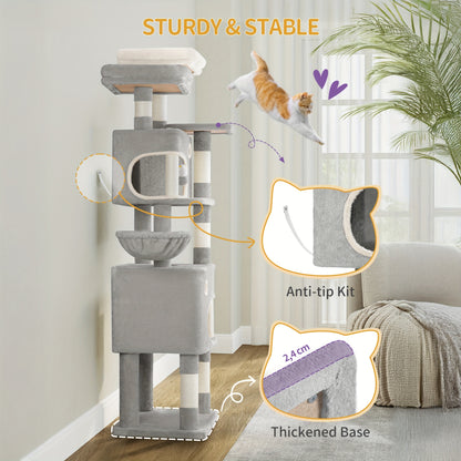 [Multi-Level Cat Tree] HZUANERI 180cm Multi-Level Cat Tree | 8 Scratching Posts, 3 Platforms, 2 Dens, Basket & Plush Balls - Durable Sisal Rope for Indoor Cats of All Sizes, Space-Saving Design for Climbing, Resting & Play, Cat Climbing Tower, Pet Activit
