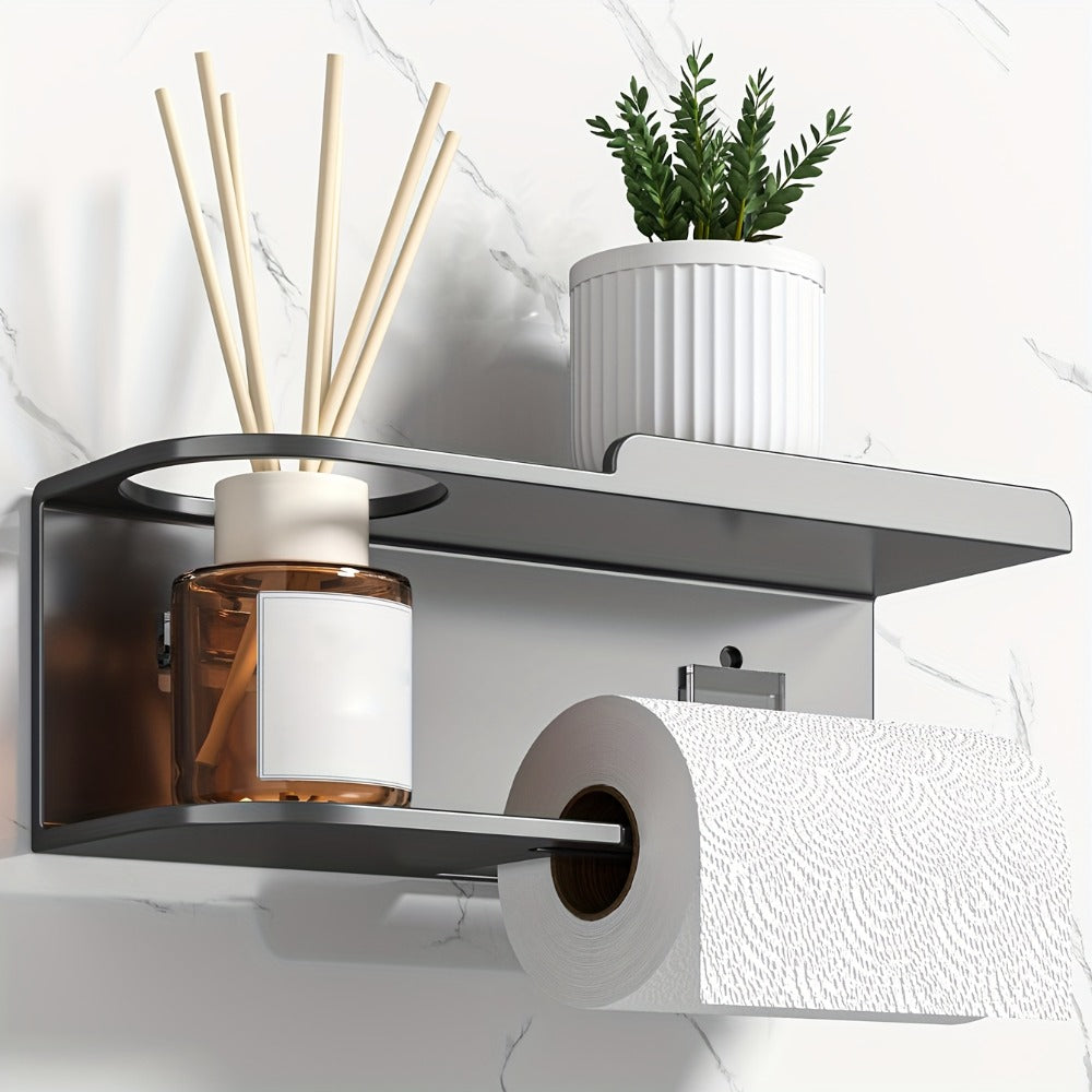 Wall-Mounted Toilet Paper Holder With Storage Shelf, No Drill Adhesive Installation, Bathroom Organizer - Space-Saving Tissue Roll Dispenser For Home Or Hotel Use
