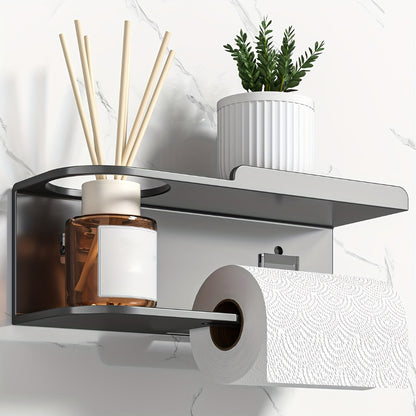 Wall-Mounted Toilet Paper Holder With Storage Shelf, No Drill Adhesive Installation, Bathroom Organizer - Space-Saving Tissue Roll Dispenser For Home Or Hotel Use