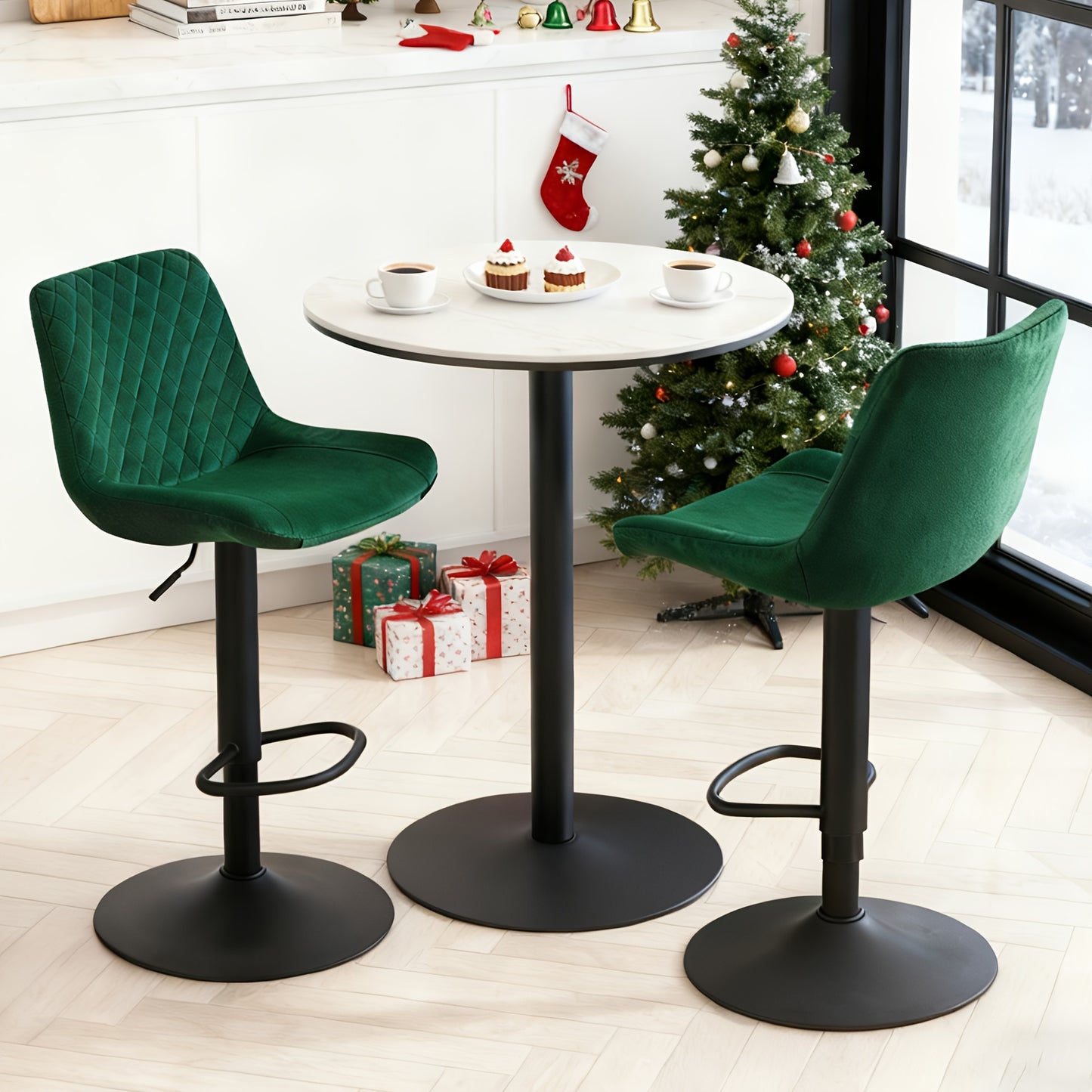 Height Adjustable Velvet Bar Stools Set of 1 or 2, Gas Lift Breakfast Barstool with Back & Footrest, Diamond Stitch Steel Frame Counter Stool for Kitchen Island Pub Home Bar