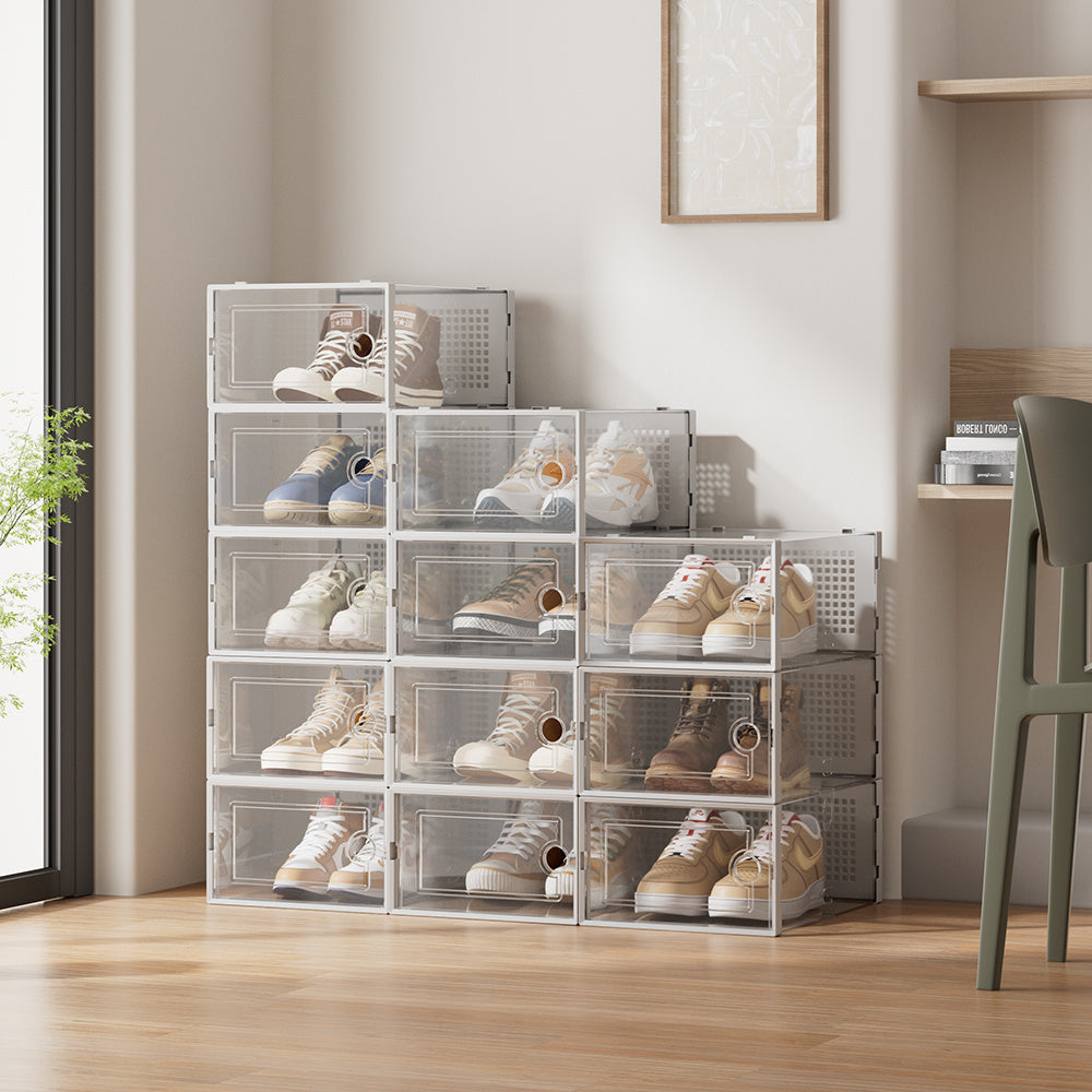 Pack of 12 Stackable Shoe Organizers Shoe Storage Boxes with Dustproof Doors, Large Shoe Boxes Transparent Foldable Shoe Storage Cabinet, Portable Space-saving Shoe Box, Under Bed Shoe Containers, Versatile Footwear Containers Holder for Entryway, Closet,