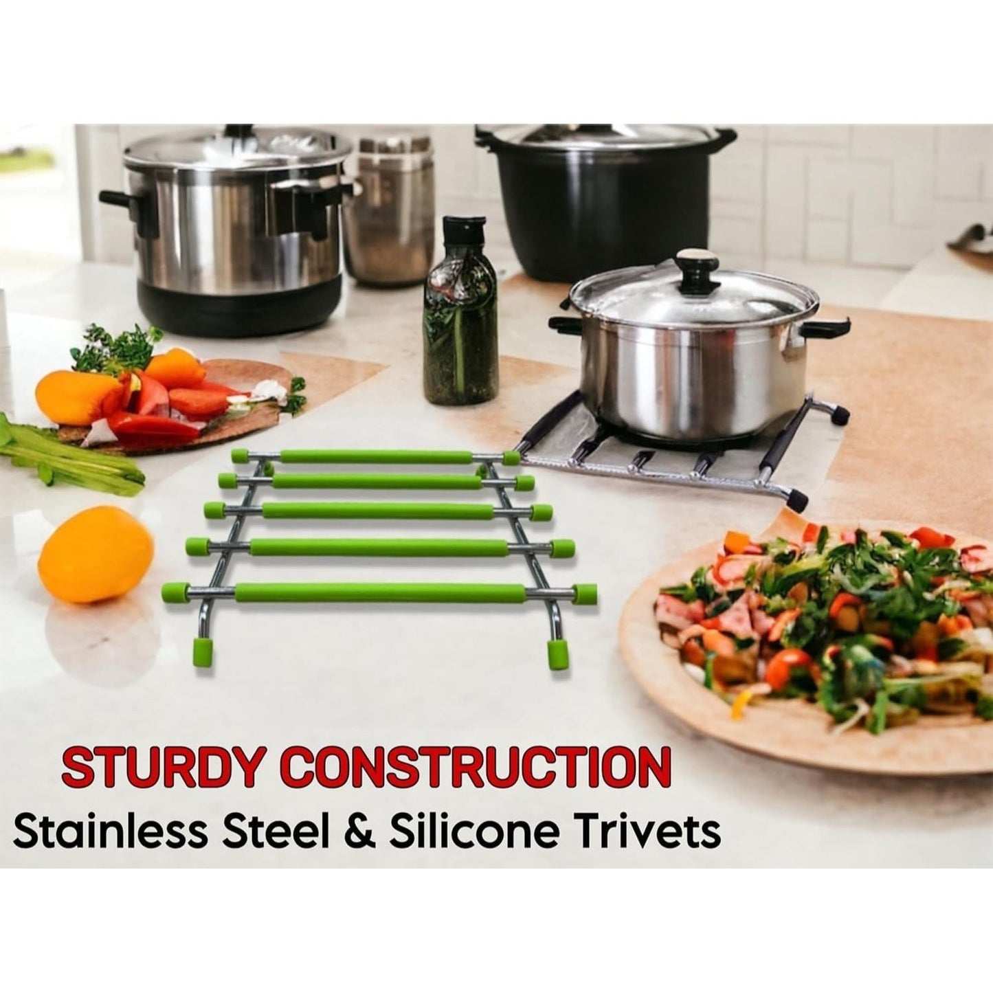 2pack Kitchen Trivet Stand with Anti Slip Base Stainless Steel Trivets for Kitchen Worktops, Hot Pans, Hot Trays & Plates Stand Heatproof Kitchen Accessories Table Mats Placemats (Black (pack of 2))