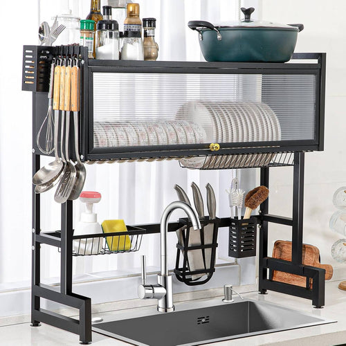 Over Sink Dish Drying Rack, Sink Dish with Fruit Basket, 3 Tier Drainers Large Dish Drying Rack, Adjustable Large Drainer Rack, Storage Shelf with Utensils Holder, for Drying Bowls Plates Cups (85cm)