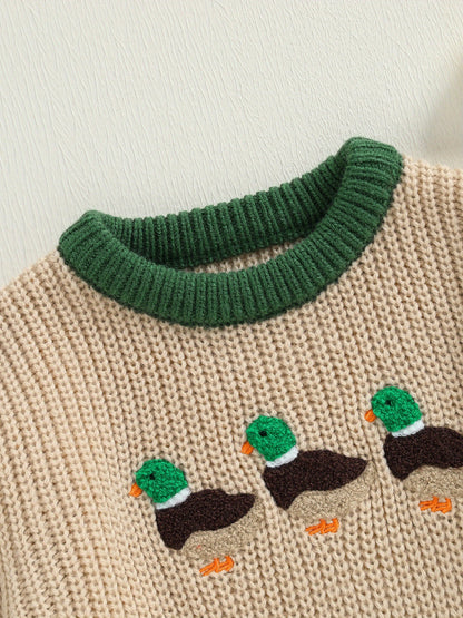 Toddler Boy Girl Fall Sweaters Long Sleeve Round Neck Duck Embroidery Tops Toddler Sweatshirts