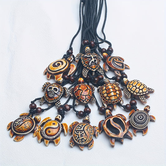12 Vintage Turtle Couple Pendant Necklaces for Men, Featuring Adjustable Woven Cords, Punk Hip-Hop Style, Perfect for Nightclubs, Parties, And Bars. These Charming Additions Are Great for Motorcycle Enthusiasts And Casual Outings