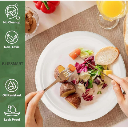 Strong Disposable Paper Plates 9" Bagasse Heavy-Duty Disposable Plates for PartiesMicrowave-Safe Party Plates,Dinner Plates for Hot & Cold Food Restaurants Takeaway Dessert Snack Tableware