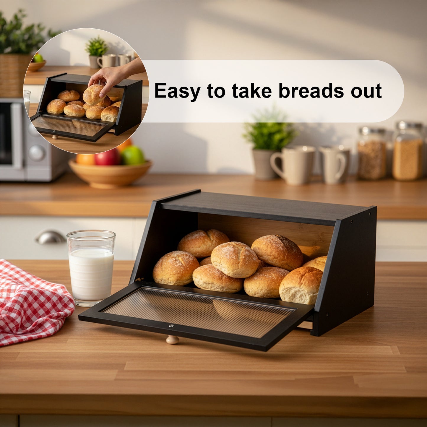 Double Layer Bread Box for Kitchen Counter, 2 Decker Large Wooden Bread Bin, Corner Bread Storage Container with Acrylic Windows, Dry Food Container with Air Vents to Keep Fresh, Self Assembly
