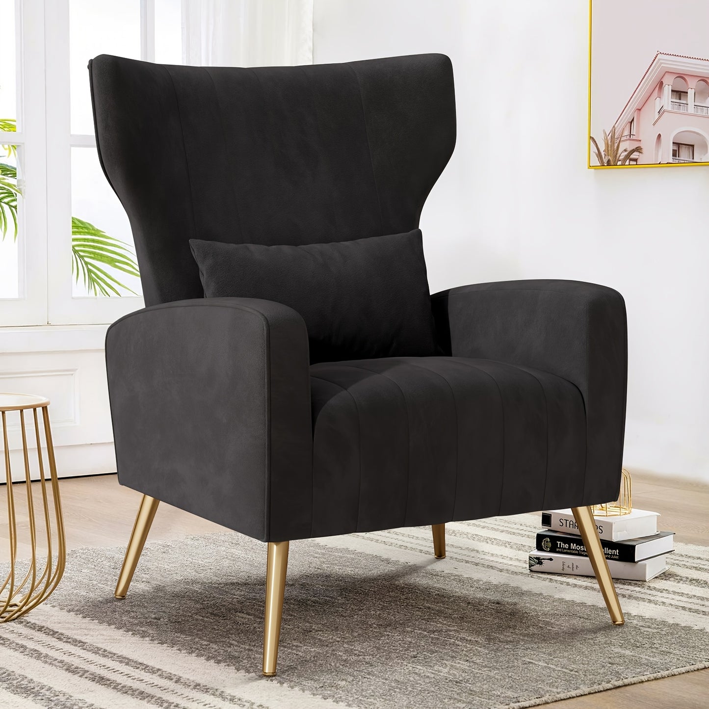 Sofa with Comfortable Cushion, Wing Chair with Pillow, Office Reception Chair, Golden Metal Legs, Padded Seat, Lounge Couch Armchair, Recliner Chair for Office, Living Room And Bedroom