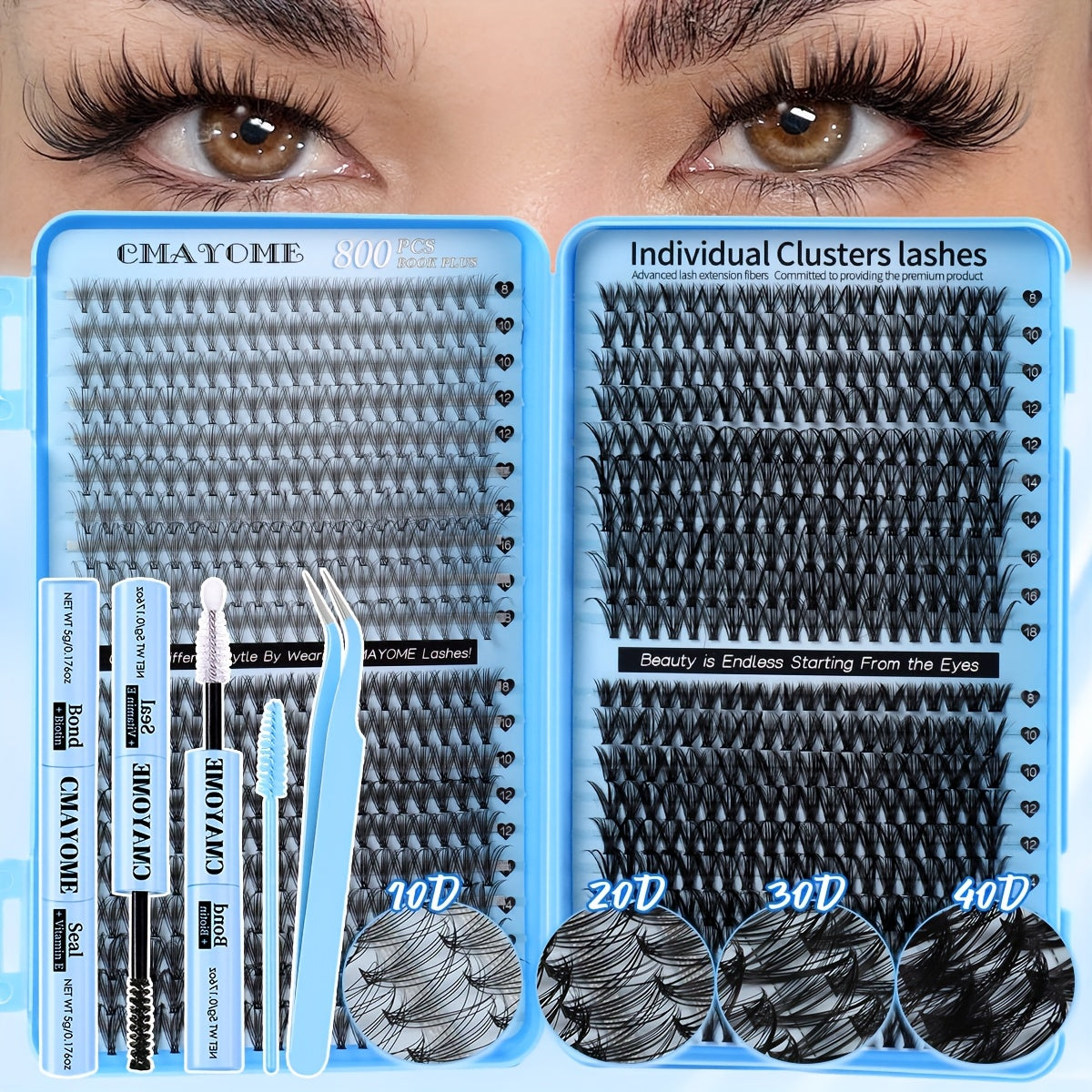 621-800pcs Lash Book Kit-8-16mm Premium Lash Extensions 10D-150D,Bold Wild Volume Falsies,Individual Cluster Lashes with Glue Tweezers Brush,Christmas Eve NYE Bash Winter Party Daily Wear,Soft Lightweight Reusable for Beginners&Beauty Aficionados