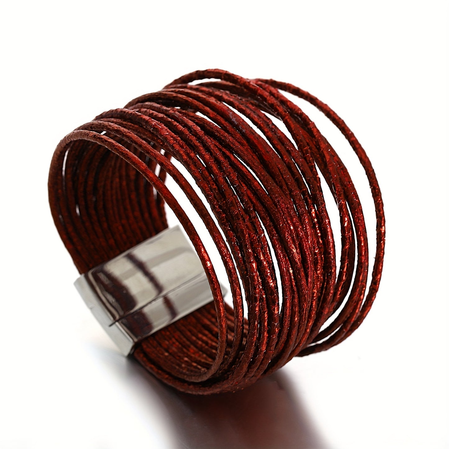 1pc Slim Stripes Wide Multilayer Wrap Bracelet Metallic Shiny Glitter Artificial Leather Cuff with Magnetic Clasp Jewelry for Men Women Holiday Party Birthday Gifts