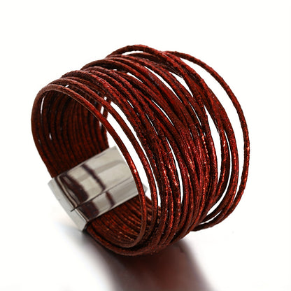 1pc Slim Stripes Wide Multilayer Wrap Bracelet Metallic Shiny Glitter Artificial Leather Cuff with Magnetic Clasp Jewelry for Men Women Holiday Party Birthday Gifts