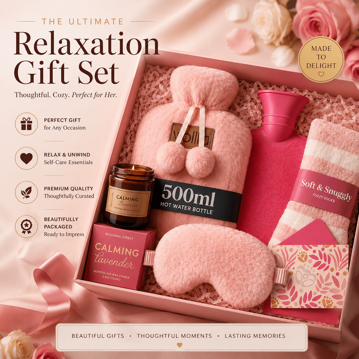 Gift Set for Her - Birthday Pamper Gifts for Women with 500ml Hot Water Bottle, Socks, Candle, Sleep Mask & Best Wishes Card, Self Care Box, Gifts for Mum, Mother's Day Gift Set