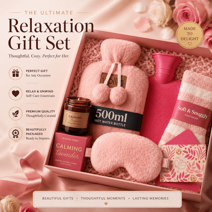 Gift Set for Her - Birthday Pamper Gifts for Women with 500ml Hot Water Bottle, Socks, Candle, Sleep Mask & Best Wishes Card, Self Care Box, Gifts for Mum, Mother's Day Gift Set