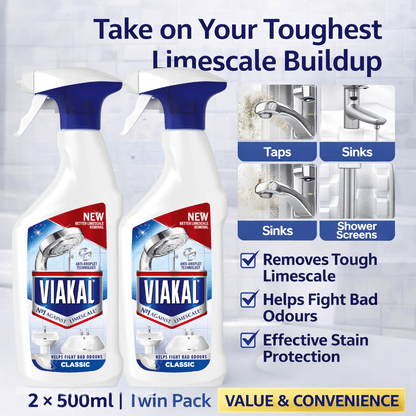 VIAKAL CLASSIC Limescale Remover Spray, 2 x 500ml, Multi-Surface Bathroom and Kitchen Cleaner, Helps Remove Limescale and Watermarks